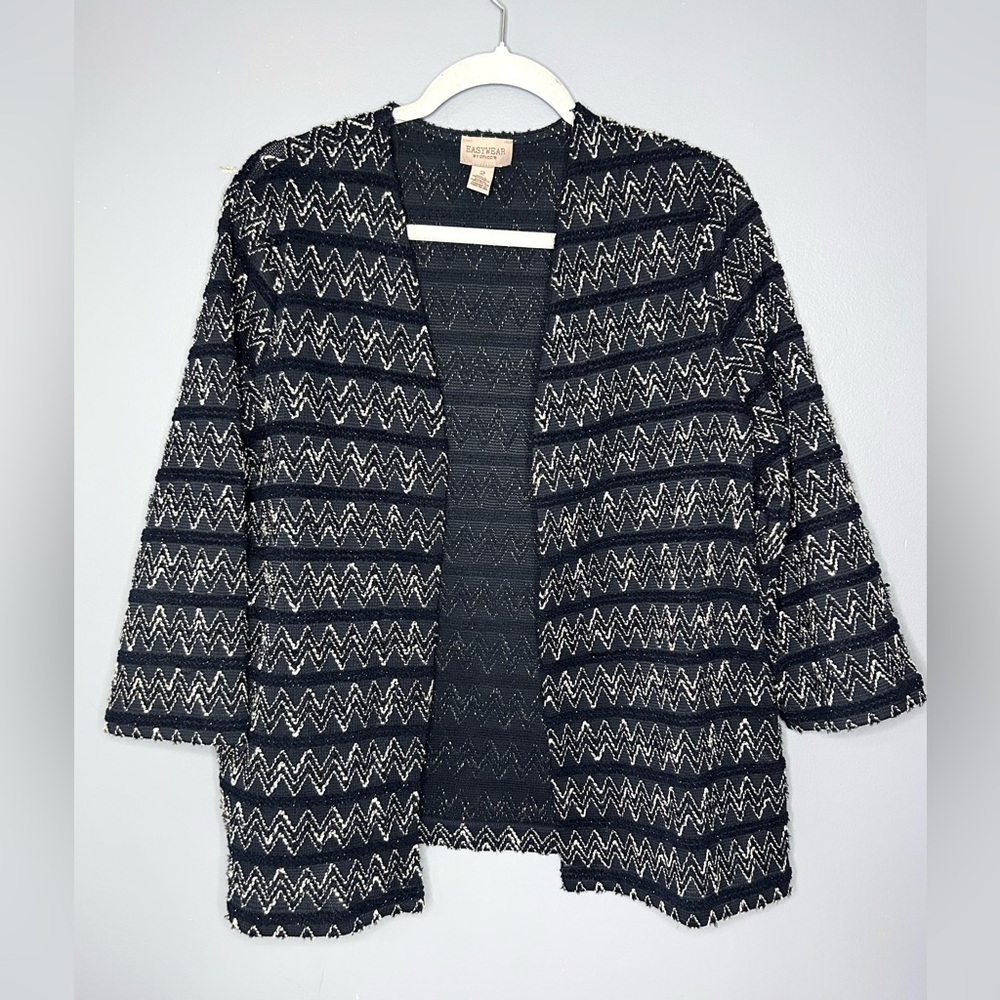Chicos‎ 2 Easywear Cardigan Sweater Womens L Blue Zigzag Geometric Open Metallic